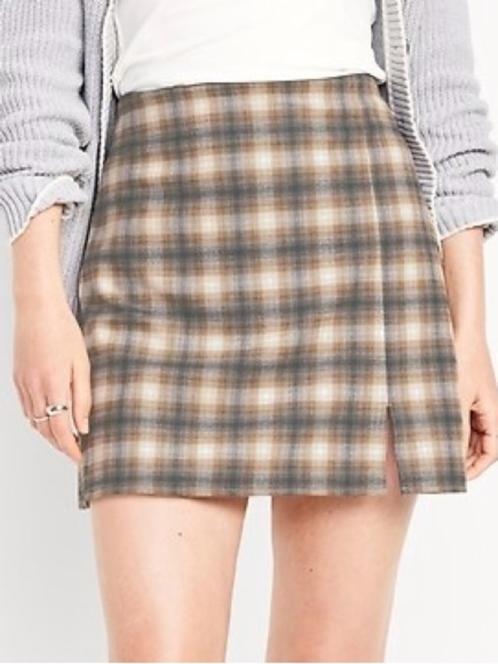 Old Navy Plaid Mini Skirt in Brown and Gray with Side Slit